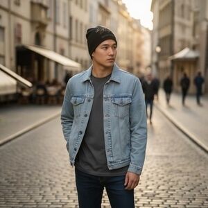 SMOG Dusty Heroes Printed Reversible Black White Gold Beanie Hat Sz S/M VG